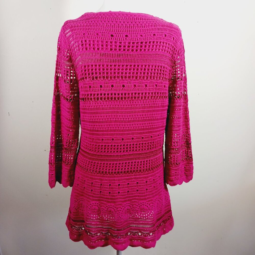Hot In Hollywood Fuchsia Pink Crochet Tunic W/ Attached Tank, 3/4 Sleeve, Medium - Picture 5 of 16